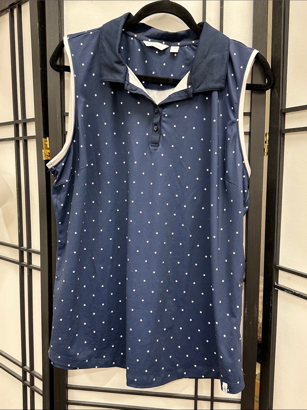 Lady Hagen Navy Sleeveless Polo Tank with White Star Print